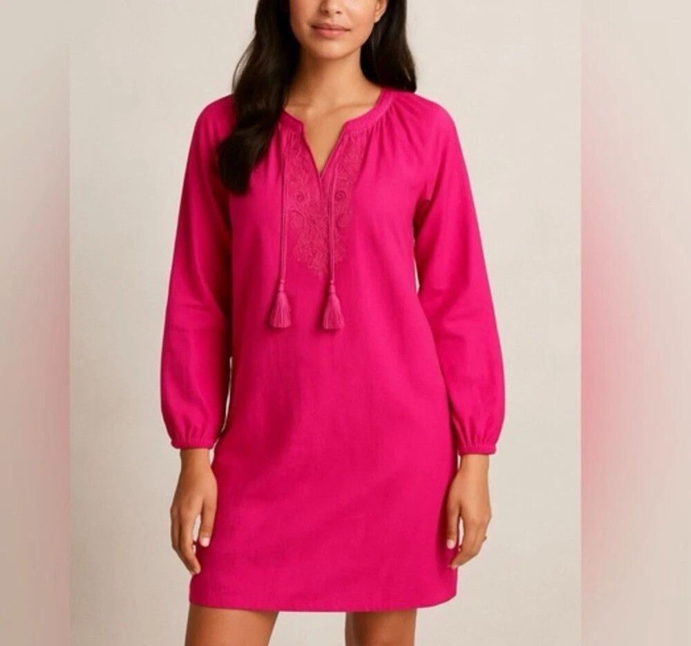Lilly Pulitzer NWT Roslyn 100% Silk Tunic Shift Dress M Hot Pink Beaded Resort
